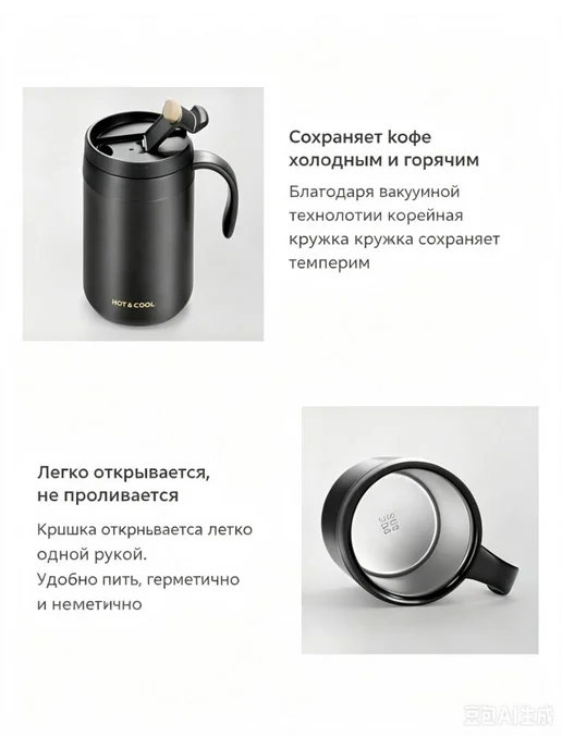 Термос-чашка из нержавеющей стали для приготовления кофе, черный, фото 5