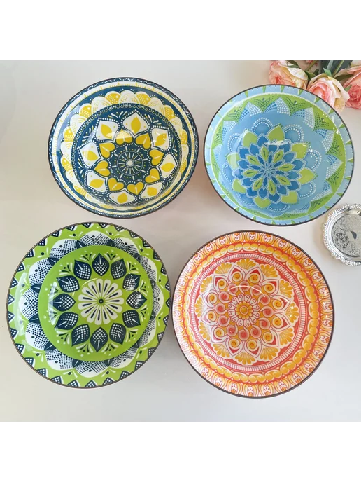 Нет бренда Богемские керамические суповые миски (4 шт) A black bowl, 4 шт, фото 3
