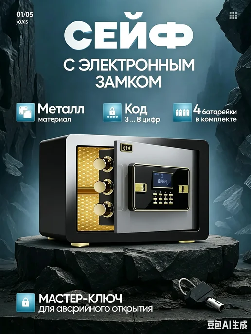 Мебельный сейф для денег документов с кодом для дома и офиса, черный