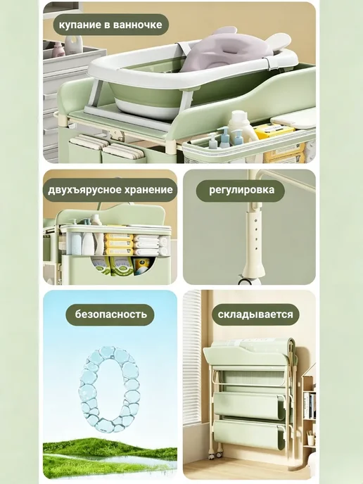 Пеленальный столик для новорожденных складной на колесах, зеленый, фото 3