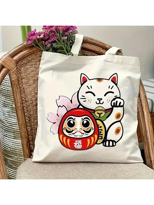 Нет бренда Черная сумка-тоут Maneki Neko, холщовая, черный, фото 2