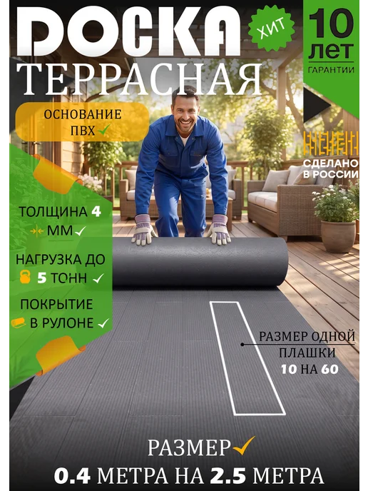 Террасная доска в рулоне 0,4 на 2,5 (ПВХ), серый