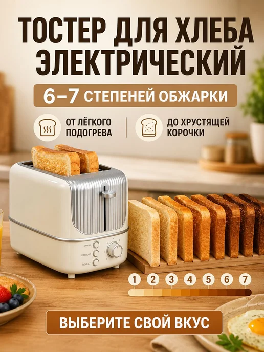Тостер на 2 ломтика, 800 Вт, 7 степеней прожарки 750 Вт - 2, 800 Вт, 750 Вт, фото 4