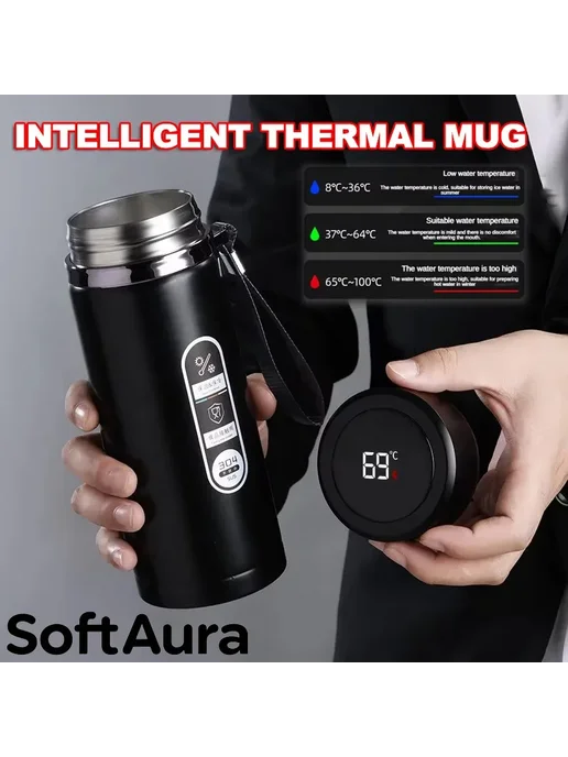 SoftAura Черный термос 1L с LED-дисплеем, 500 мл, фото 2