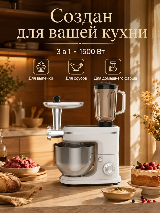 Планетарный миксер с чашей и мясорубкой 1500 Вт, 1500 Вт, фото 8