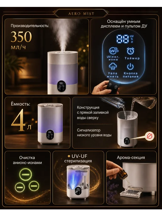 Glowcom увлажнитель воздуха для дома с аромадиффузором бесшумный 4 л, 4 л, фото 2