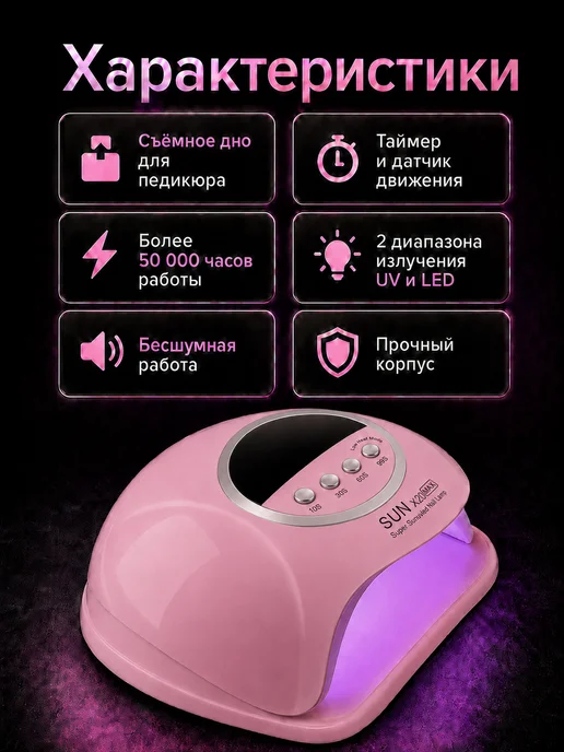 Лампа для маникюра и педикюра профессиональная Sun x20 Max, розовый, фото 7