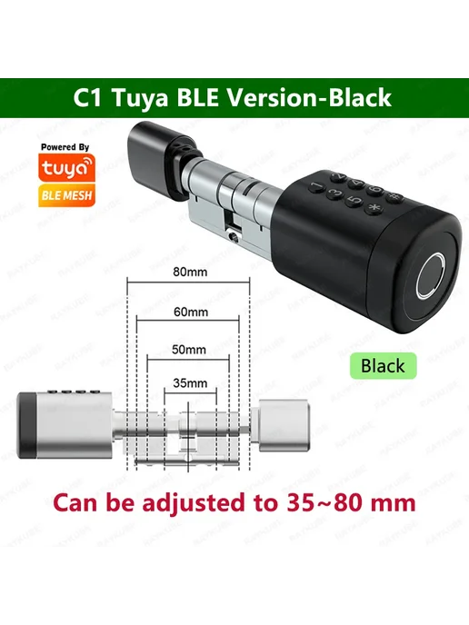RAYKUBE C1 Умный цилиндрический замок Черный, Tuya Black, черный