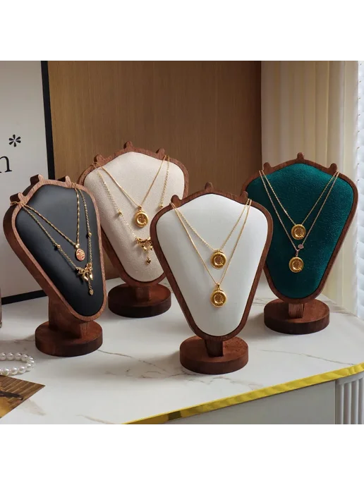 Нет бренда Деревянная подставка для ожерелий из искусственной кожи Черн, черный, фото 3