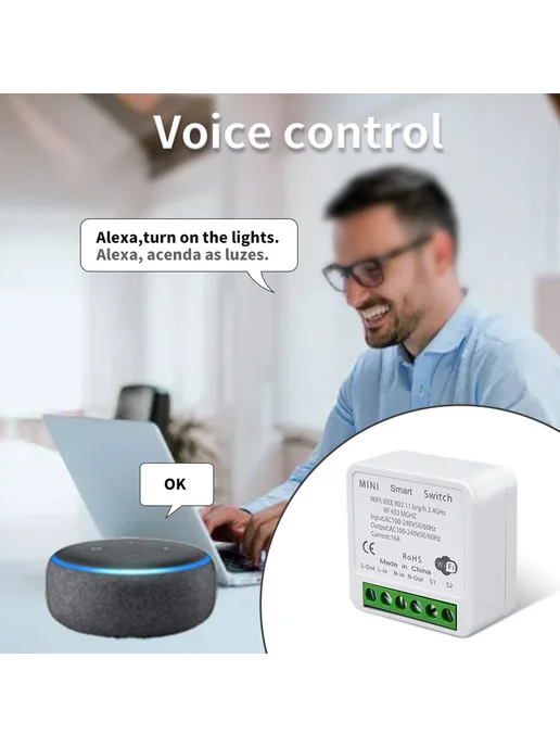 Нет бренда Умный Wi-Fi выключатель Tuya 16А Белый, 2 Receiver 1 Switch, белый, фото 4