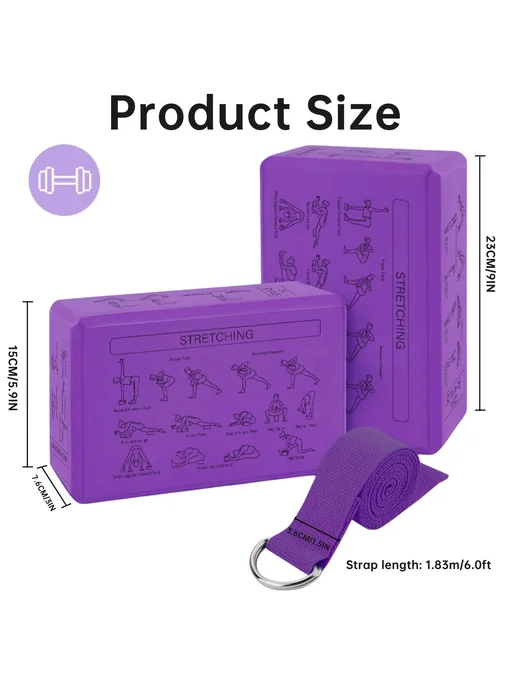 Нет бренда Набор блоков для йоги EVA 2 шт + ремень 182,88 см Pink-1set, 2 шт, фото 6