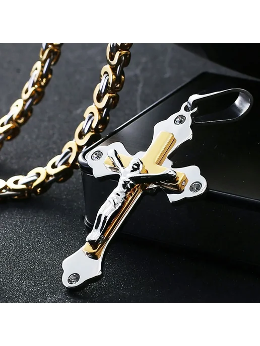 diyalo Мужское колье с крестом, сталь, 60см, Gold Silver Tone, серебристый, фото 2