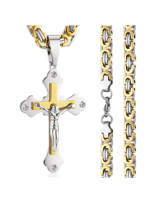 diyalo Мужское колье с крестом, сталь, 60см, Gold Silver Tone, серебристый, фото 3
