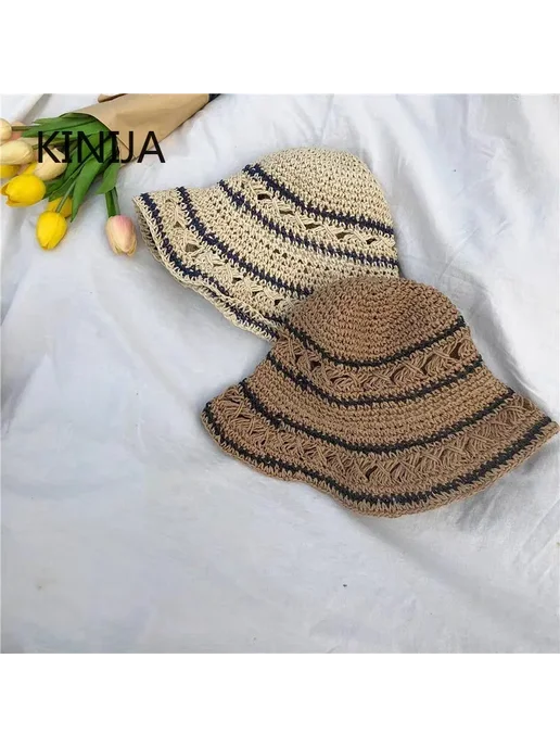 KINIJA Женская Летняя Пляжная Шляпа От Солнца, Складная Соломенная, бежевый, фото 5