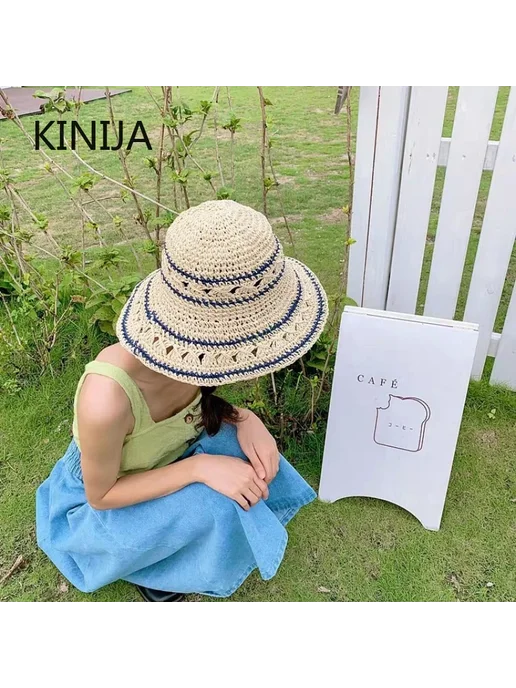 KINIJA Женская Летняя Пляжная Шляпа От Солнца, Складная Соломенная, белый, фото 3