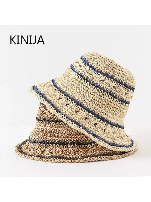 KINIJA Женская Летняя Пляжная Шляпа От Солнца, Складная Соломенная, белый, фото 4