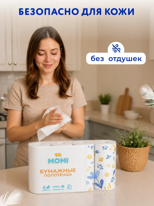 MOMI Бумажные полотенца 4 рулона, 2 слоя, вариант, фото 4