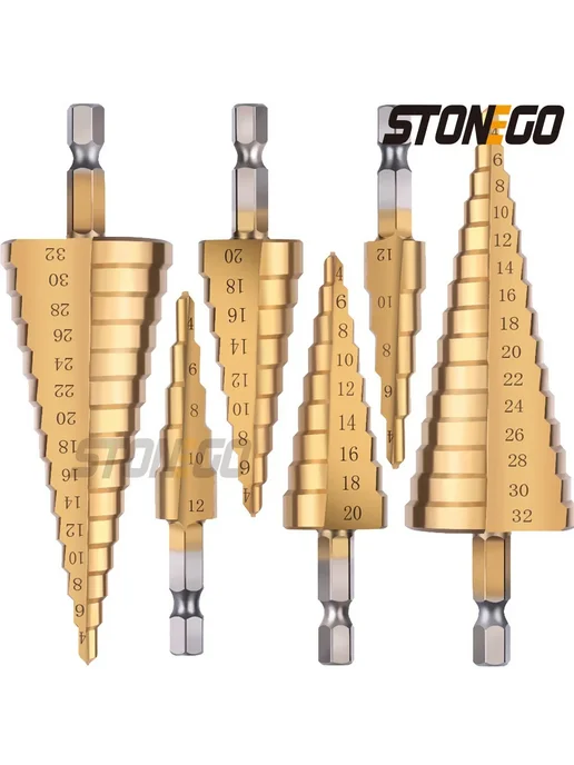 STONEGO Ступенчатые сверла 1 4", титановое покрытие, HSS, 4-, титан, фото 2