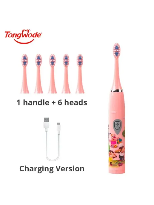TONGWODE Детская электрическая зубная щетка Pink With 6 Head, розовый