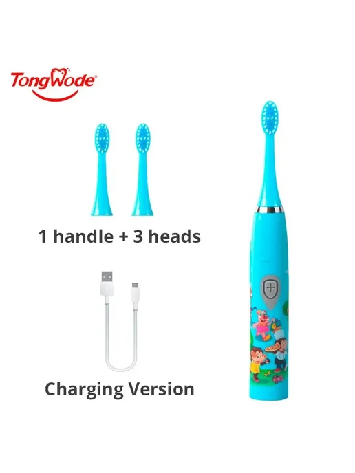 TONGWODE Детская электрическая зубная щетка Blue With 3 Head, синий