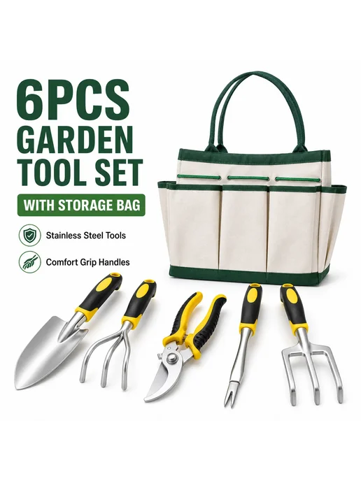 Нет бренда Набор садовых инструментов 5 шт. с черными ручками, зеленый, фото 2