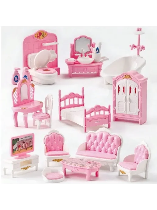 Нет бренда Детский мини-кукольный домик Pink Living Room, коричневый, фото 2