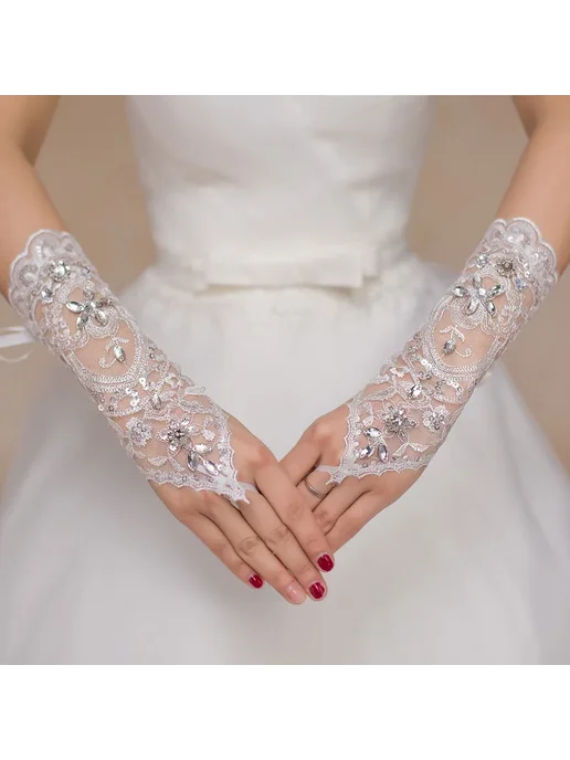 Нет бренда Белые короткие свадебные перчатки из кружева Бежевый, Ivory, белый, фото 2