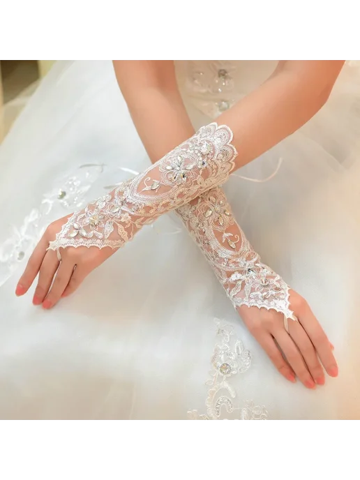 Нет бренда Белые короткие свадебные перчатки из кружева Бежевый, Ivory, белый, фото 3