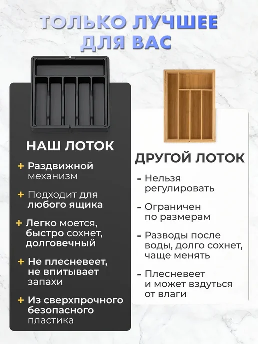 Лоток для столовых приборов раздвижной, черный, фото 4