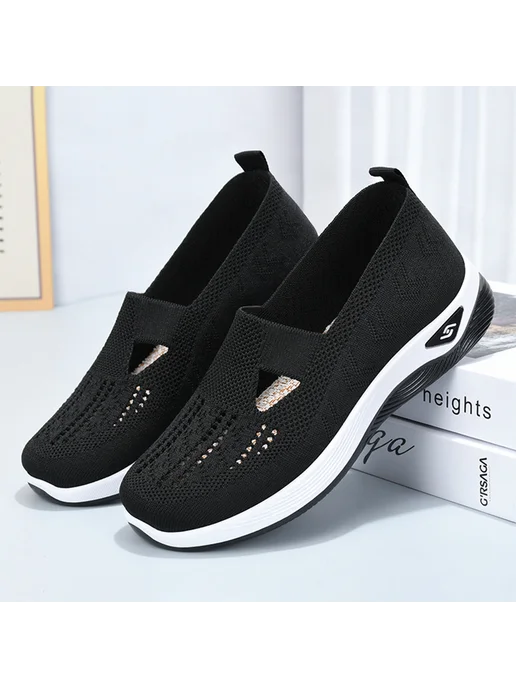 Женские сетчатые кроссовки Slip On для прогулок, комфорт (Че, черный