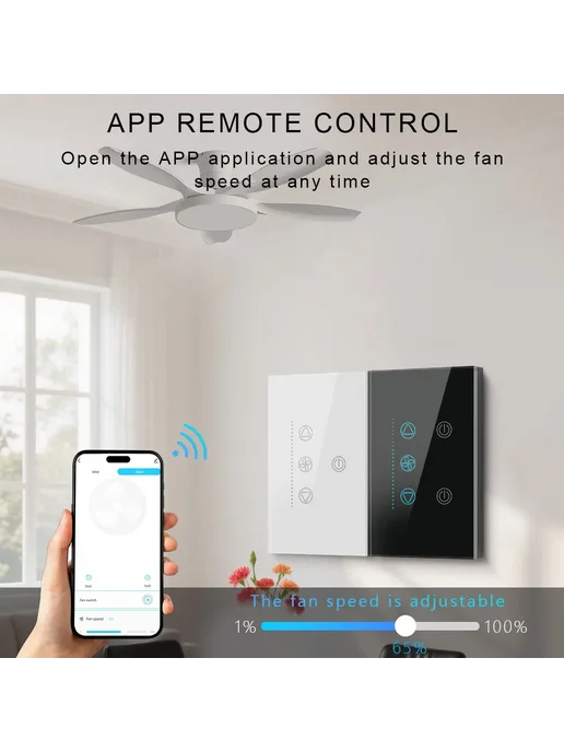 Chevolink Чеволинк Умный WiFi выключатель для вентилятора белый черный, черный, фото 3