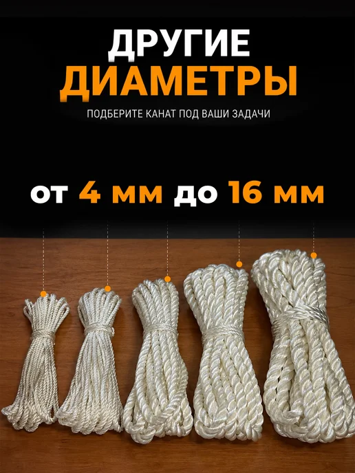КАВЕНИТ Канат капроновый 10 мм 10 м для крепления грузов и лодок, 10 м, фото 7