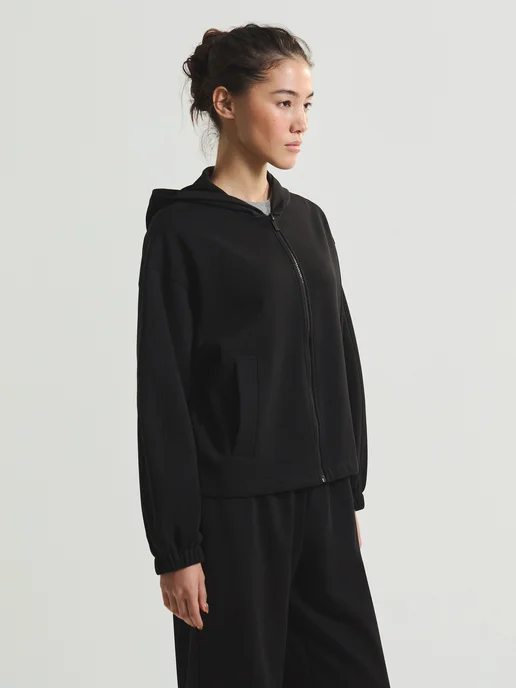 ZARINA Худи свободное на молнии с капюшоном, черный, фото 4