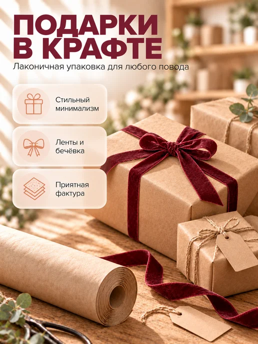 paper man Крафт упаковочная бумага для подарков и цветов 0,6х50м,рулон, 50 м, фото 3