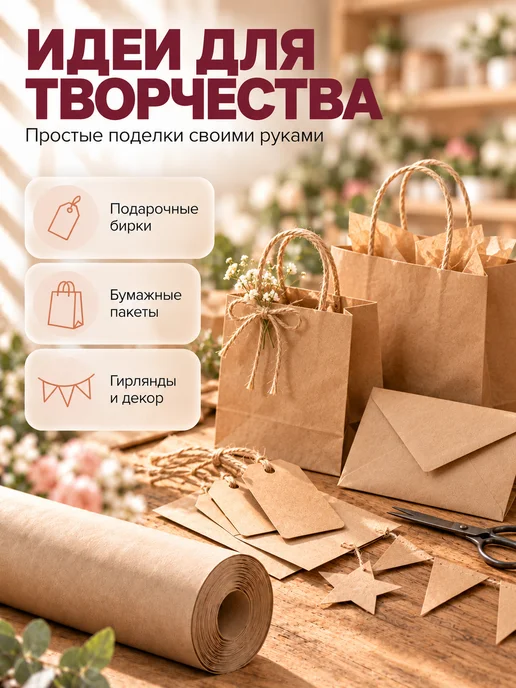 paper man Крафт упаковочная бумага для подарков и цветов 0,6х50м,рулон, 50 м, фото 5