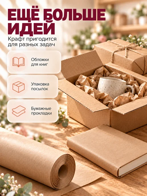 paper man Крафт упаковочная бумага для подарков и цветов 0,6х50м,рулон, 50 м, фото 6