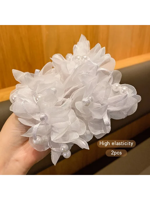 Нет бренда Две белые цветочные резинки для волос, белый, фото 3
