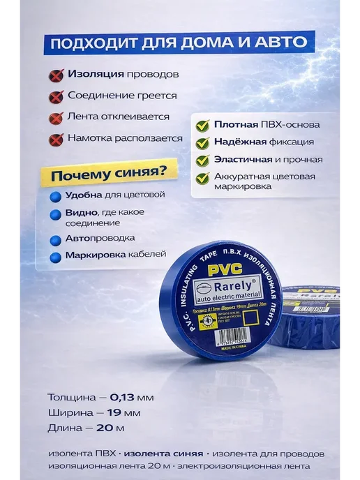 лимончик1 Изолента синяя пвх для проводов электроизоляционная 2 шт, 2 шт, фото 2