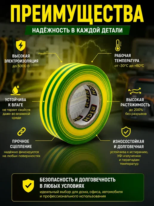 НазМолл Изолента для проводов и для электрических работ, зеленый, фото 3