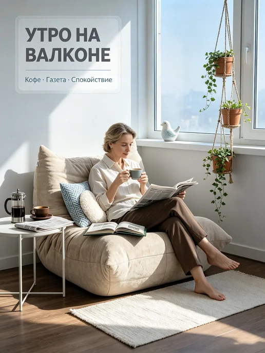 Бескаркасное кресло-мешок большое в вакуумной упаковке, бежевый, фото 6