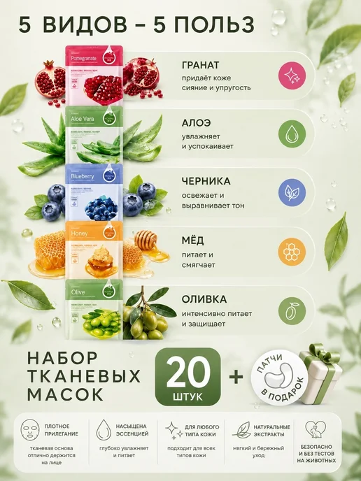 Набор тканевых масок для лица 30шт — увлажняющие маски, 20 шт, фото 2
