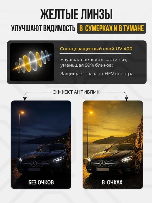 Очки для водителя антиблик Ночной пилот (Желтые), желтый, фото 5