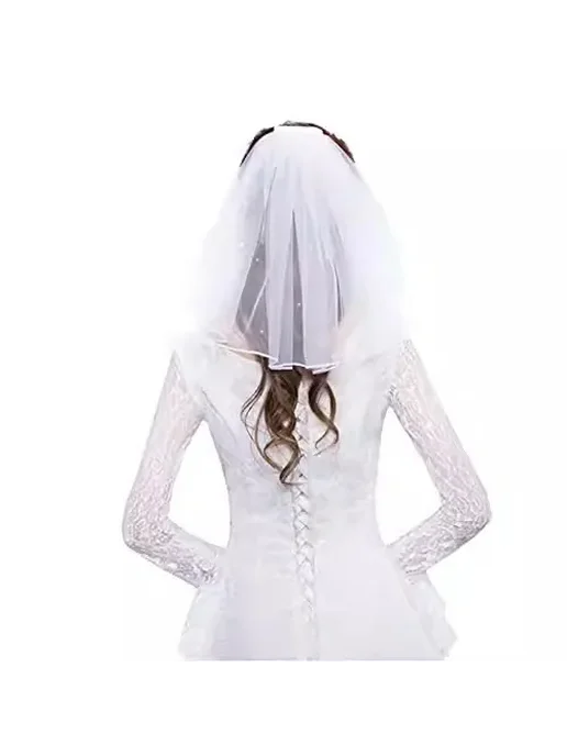 Нет бренда Белая фата из тюля с жемчугом и бисером WHITE, белый