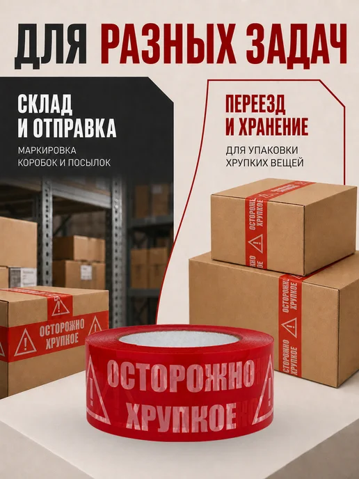 ПАКОВАН Скотч красный с надписью «Осторожно хрупкое», 150 м - 12 шт, 150 м, 12 шт, красный, фото 3