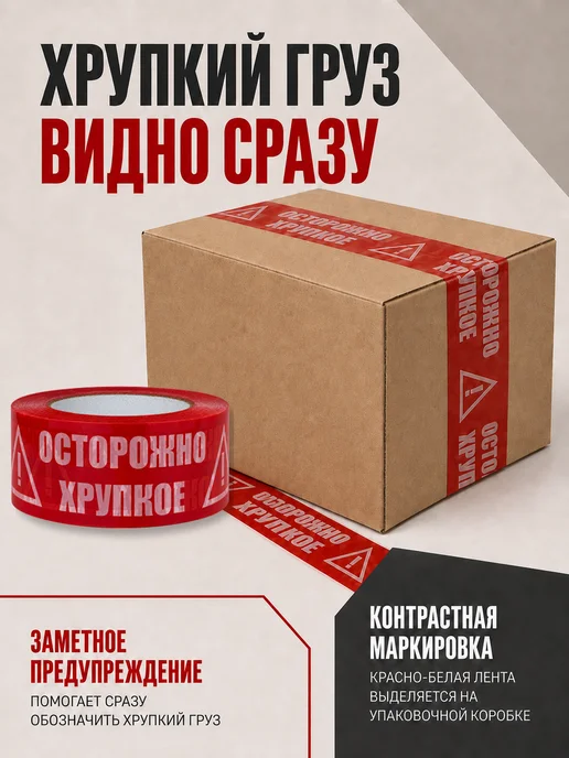 ПАКОВАН Скотч красный с надписью «Осторожно хрупкое», 150 м - 12 шт, 150 м, 12 шт, красный, фото 4
