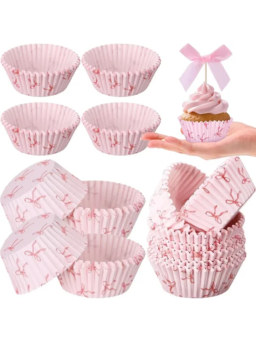 PartiesTour Розовые бантики для кексов 200pcs cake cups, 200 шт, фото 2