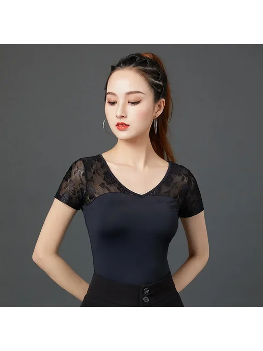 purtulle Черный Кружевной Топ для Латинских Танцев, черный, фото 4