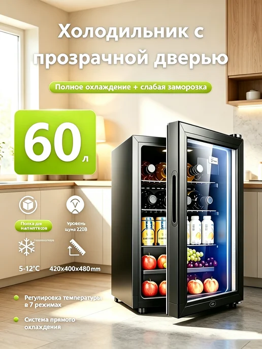 Холодильник‑витрина со стеклянной дверью,объем 60 л, 220 В, 60 л