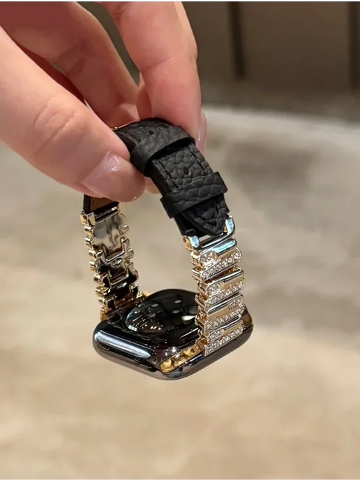 iwujiao Блестящий ремешок Black Golden для Apple Watch 46мм, черный