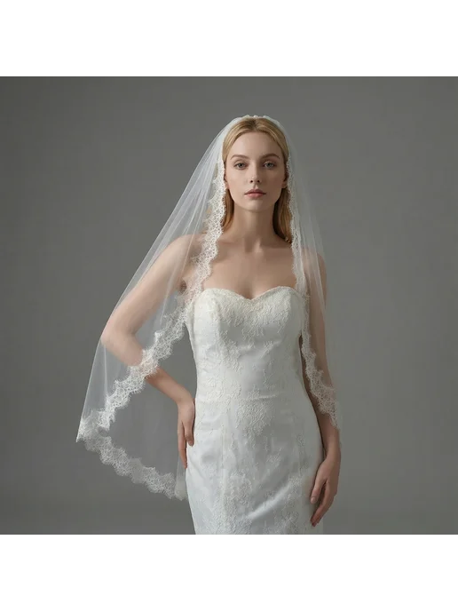 Amorarsi Свадебная фата GAODESI белая однослойная с кружевом, белый, фото 5